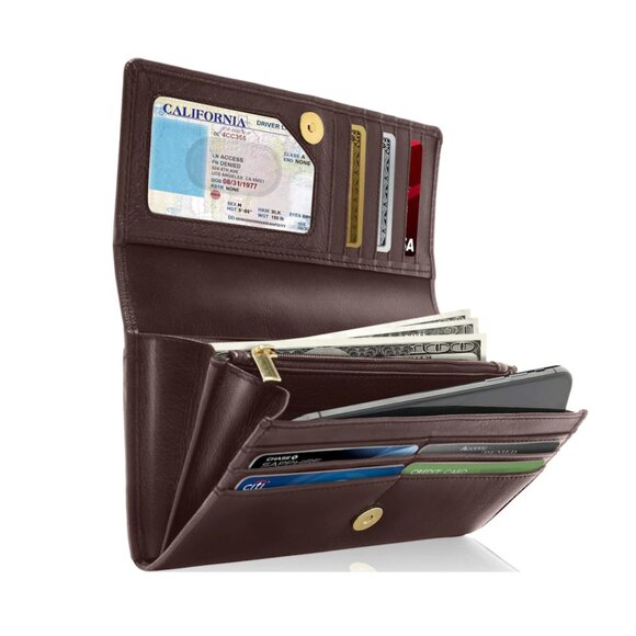 Womens AD Genuine Leather Large Wallet Accordion RFID Clutch- Mulberry - Picture 2 of 14